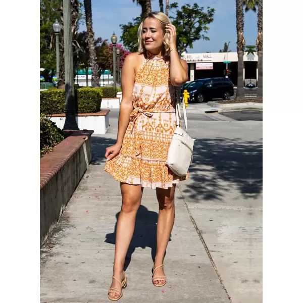 imageBTFBM Women 2023 Summer Halter Neck Dresses Sleeveless Casual Floral Polka Dot Leopard Print Short Boho Ruffle SundressOrangeWhite