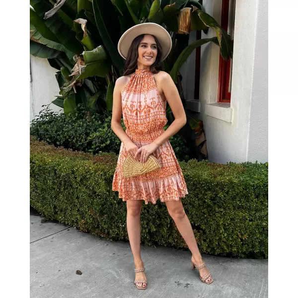 imageBTFBM Women 2023 Summer Halter Neck Dresses Sleeveless Casual Floral Polka Dot Leopard Print Short Boho Ruffle SundressOrangeWhite