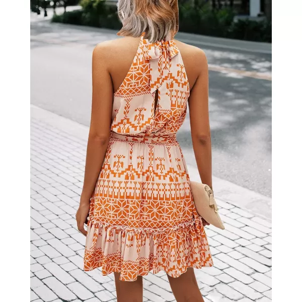 imageBTFBM Women 2023 Summer Halter Neck Dresses Sleeveless Casual Floral Polka Dot Leopard Print Short Boho Ruffle SundressOrangeWhite