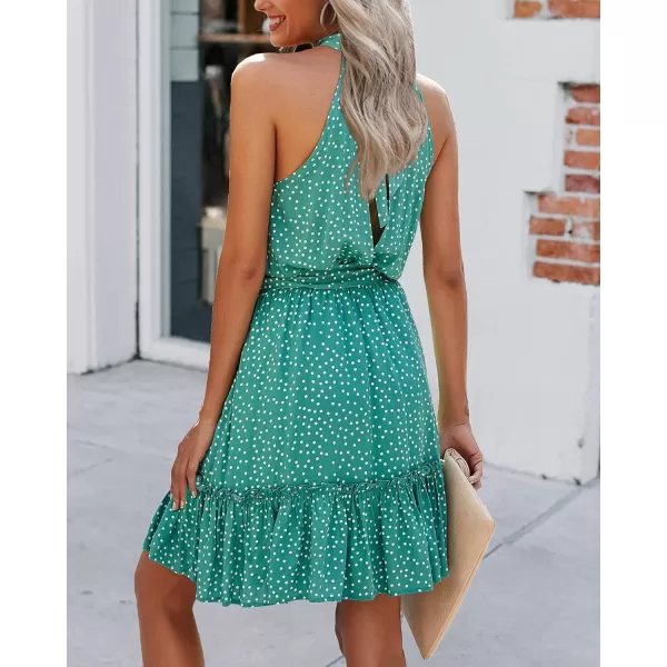 imageBTFBM Women 2023 Summer Halter Neck Dresses Sleeveless Casual Floral Polka Dot Leopard Print Short Boho Ruffle SundressPolka Dot Green