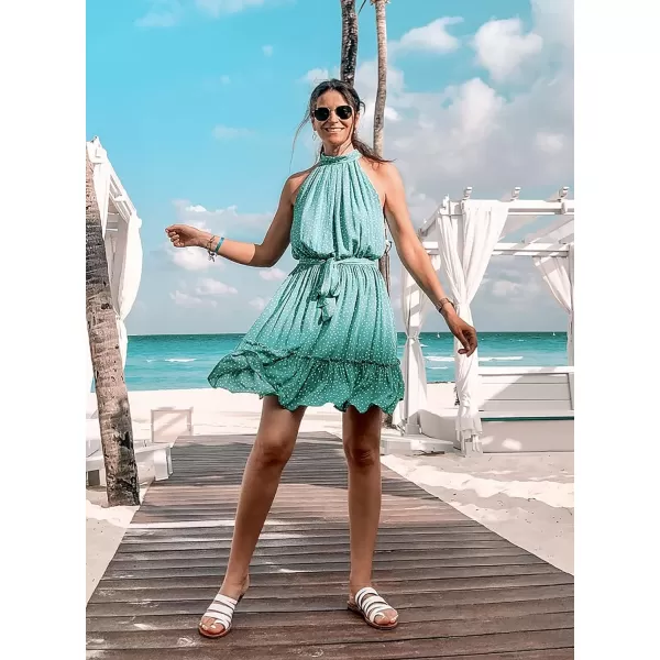 imageBTFBM Women 2023 Summer Halter Neck Dresses Sleeveless Casual Floral Polka Dot Leopard Print Short Boho Ruffle SundressPolka Dot Green