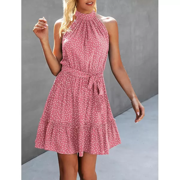 imageBTFBM Women 2023 Summer Halter Neck Dresses Sleeveless Casual Floral Polka Dot Leopard Print Short Boho Ruffle SundressPolka Dot Pink