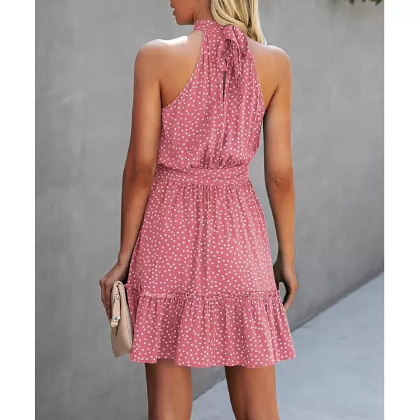 imageBTFBM Women 2023 Summer Halter Neck Dresses Sleeveless Casual Floral Polka Dot Leopard Print Short Boho Ruffle SundressPolka Dot Pink