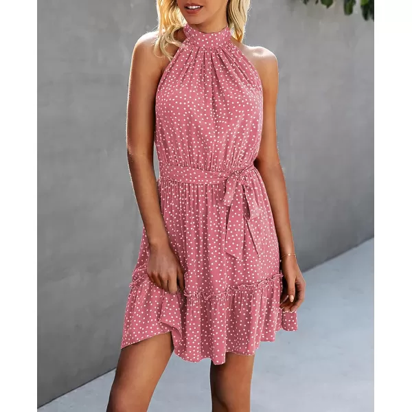 imageBTFBM Women 2023 Summer Halter Neck Dresses Sleeveless Casual Floral Polka Dot Leopard Print Short Boho Ruffle SundressPolka Dot Pink