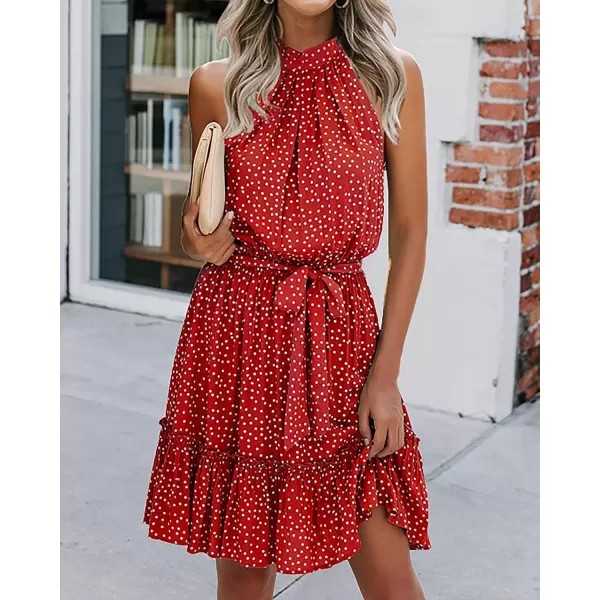 imageBTFBM Women 2023 Summer Halter Neck Dresses Sleeveless Casual Floral Polka Dot Leopard Print Short Boho Ruffle SundressPolka Dot Red