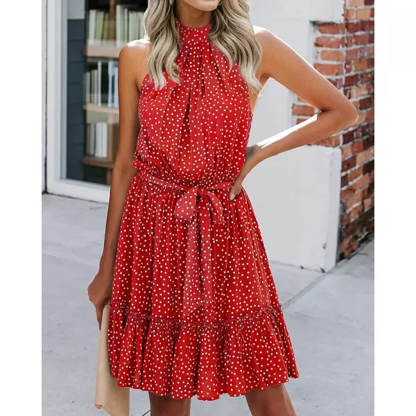 imageBTFBM Women 2023 Summer Halter Neck Dresses Sleeveless Casual Floral Polka Dot Leopard Print Short Boho Ruffle SundressPolka Dot Red
