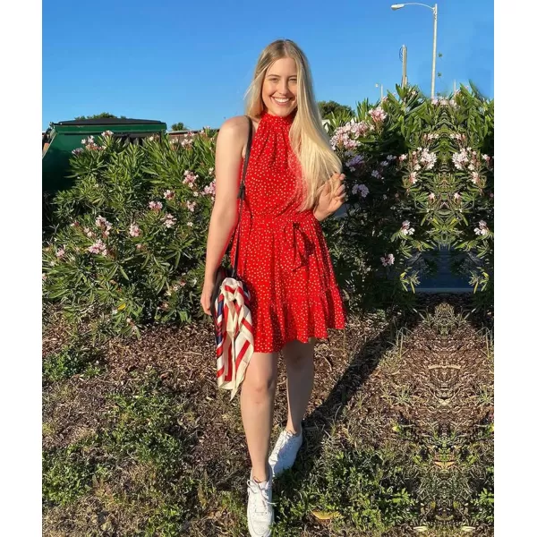 imageBTFBM Women 2023 Summer Halter Neck Dresses Sleeveless Casual Floral Polka Dot Leopard Print Short Boho Ruffle SundressPolka Dot Red