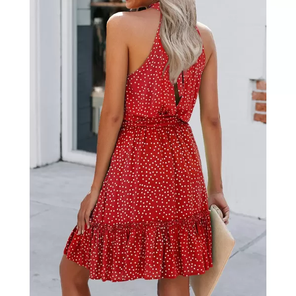 imageBTFBM Women 2023 Summer Halter Neck Dresses Sleeveless Casual Floral Polka Dot Leopard Print Short Boho Ruffle SundressPolka Dot Red