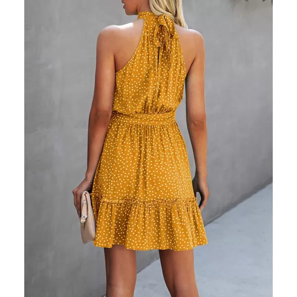 imageBTFBM Women 2023 Summer Halter Neck Dresses Sleeveless Casual Floral Polka Dot Leopard Print Short Boho Ruffle SundressPolka Dot Yellow
