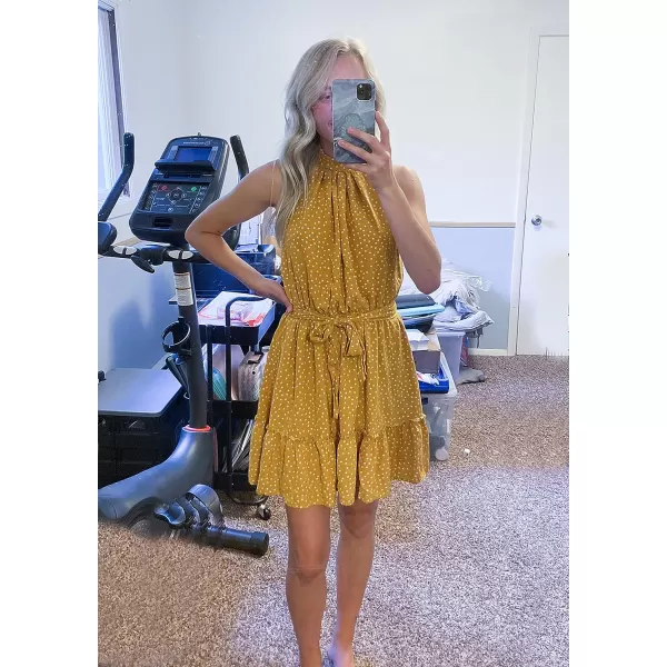 imageBTFBM Women 2023 Summer Halter Neck Dresses Sleeveless Casual Floral Polka Dot Leopard Print Short Boho Ruffle SundressPolka Dot Yellow