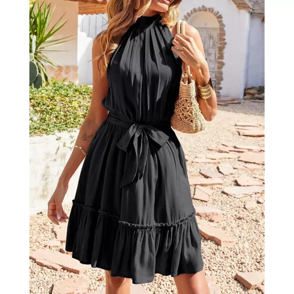 imageBTFBM Women 2023 Summer Halter Neck Dresses Sleeveless Casual Floral Polka Dot Leopard Print Short Boho Ruffle SundressSolid Black