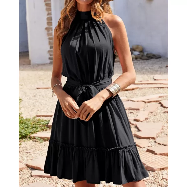 imageBTFBM Women 2023 Summer Halter Neck Dresses Sleeveless Casual Floral Polka Dot Leopard Print Short Boho Ruffle SundressSolid Black