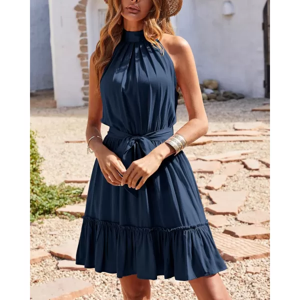imageBTFBM Women 2023 Summer Halter Neck Dresses Sleeveless Casual Floral Polka Dot Leopard Print Short Boho Ruffle SundressSolid Dark Blue