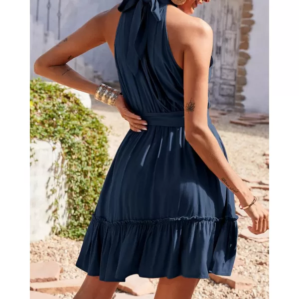 imageBTFBM Women 2023 Summer Halter Neck Dresses Sleeveless Casual Floral Polka Dot Leopard Print Short Boho Ruffle SundressSolid Dark Blue