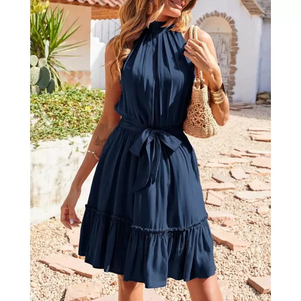 imageBTFBM Women 2023 Summer Halter Neck Dresses Sleeveless Casual Floral Polka Dot Leopard Print Short Boho Ruffle SundressSolid Dark Blue