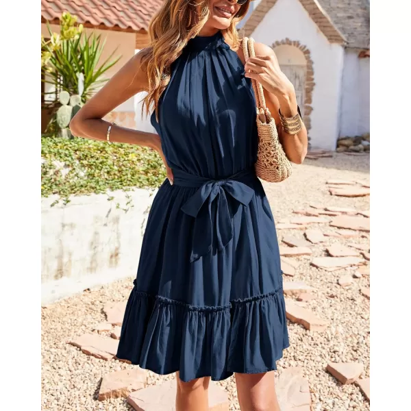 imageBTFBM Women 2023 Summer Halter Neck Dresses Sleeveless Casual Floral Polka Dot Leopard Print Short Boho Ruffle SundressSolid Dark Blue