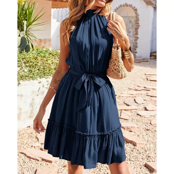 imageBTFBM Women 2023 Summer Halter Neck Dresses Sleeveless Casual Floral Polka Dot Leopard Print Short Boho Ruffle SundressSolid Dark Blue