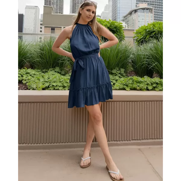 imageBTFBM Women 2023 Summer Halter Neck Dresses Sleeveless Casual Floral Polka Dot Leopard Print Short Boho Ruffle SundressSolid Dark Blue