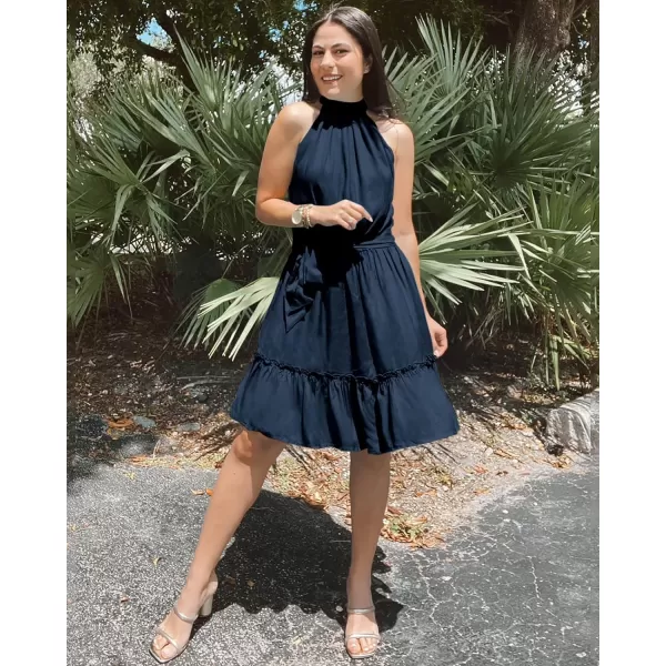 imageBTFBM Women 2023 Summer Halter Neck Dresses Sleeveless Casual Floral Polka Dot Leopard Print Short Boho Ruffle SundressSolid Dark Blue