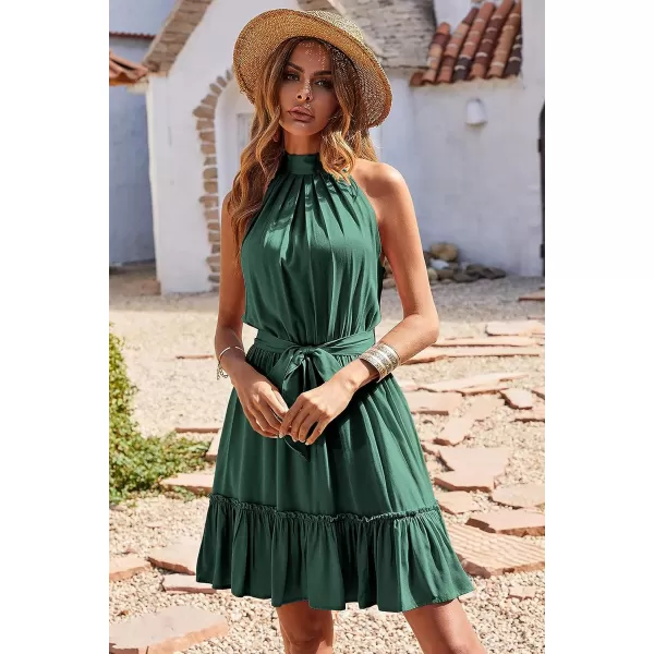 imageBTFBM Women 2023 Summer Halter Neck Dresses Sleeveless Casual Floral Polka Dot Leopard Print Short Boho Ruffle SundressSolid Grey Green