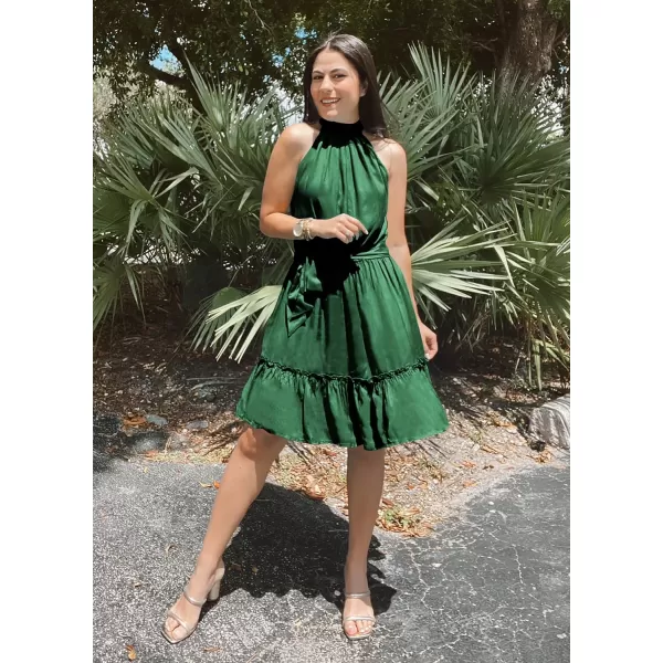 imageBTFBM Women 2023 Summer Halter Neck Dresses Sleeveless Casual Floral Polka Dot Leopard Print Short Boho Ruffle SundressSolid Grey Green