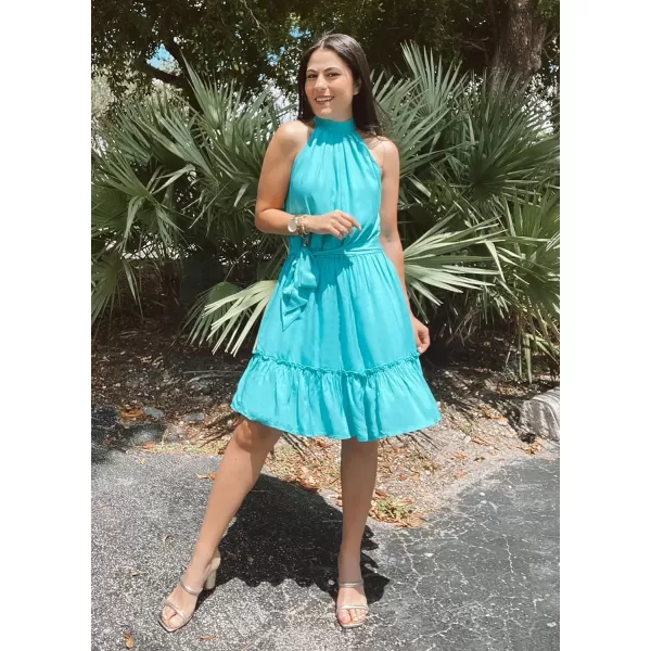 imageBTFBM Women 2023 Summer Halter Neck Dresses Sleeveless Casual Floral Polka Dot Leopard Print Short Boho Ruffle SundressSolid Lake Blue