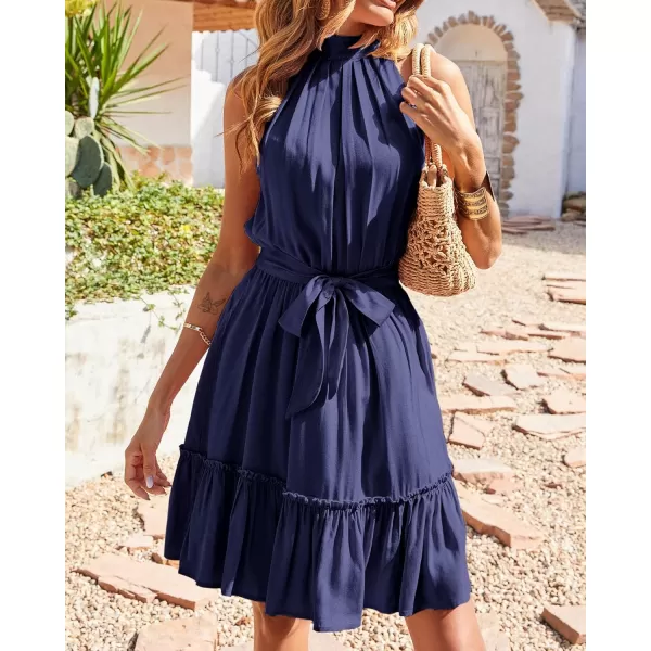 imageBTFBM Women 2023 Summer Halter Neck Dresses Sleeveless Casual Floral Polka Dot Leopard Print Short Boho Ruffle SundressSolid Navy