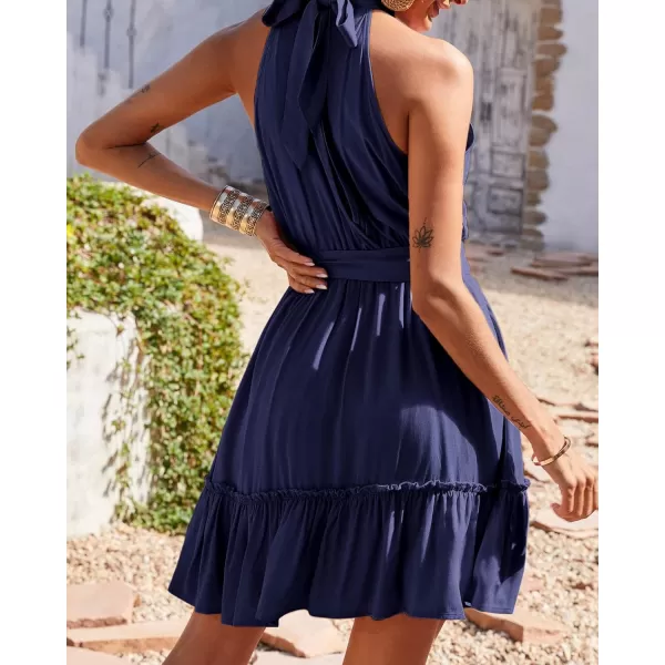 imageBTFBM Women 2023 Summer Halter Neck Dresses Sleeveless Casual Floral Polka Dot Leopard Print Short Boho Ruffle SundressSolid Navy