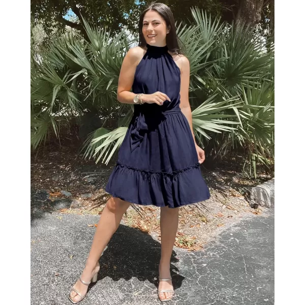 imageBTFBM Women 2023 Summer Halter Neck Dresses Sleeveless Casual Floral Polka Dot Leopard Print Short Boho Ruffle SundressSolid Navy