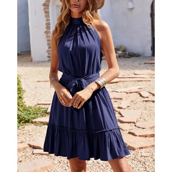 imageBTFBM Women 2023 Summer Halter Neck Dresses Sleeveless Casual Floral Polka Dot Leopard Print Short Boho Ruffle SundressSolid Navy