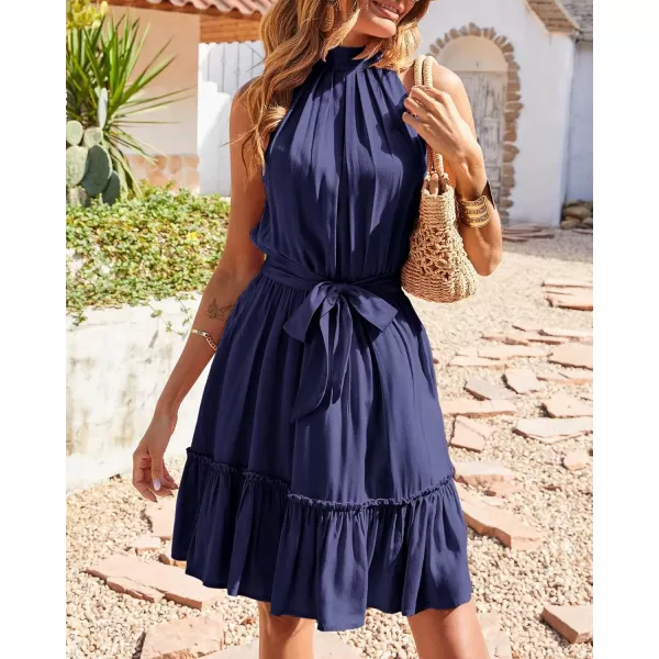 imageBTFBM Women 2023 Summer Halter Neck Dresses Sleeveless Casual Floral Polka Dot Leopard Print Short Boho Ruffle SundressSolid Navy