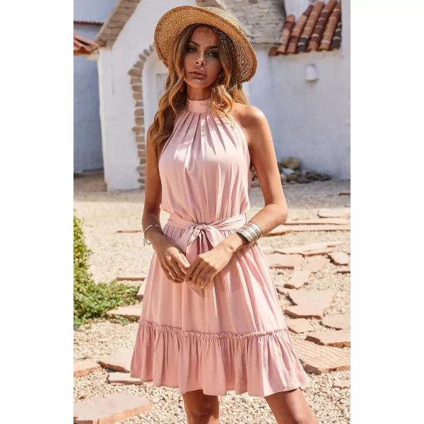 imageBTFBM Women 2023 Summer Halter Neck Dresses Sleeveless Casual Floral Polka Dot Leopard Print Short Boho Ruffle SundressSolid Pink