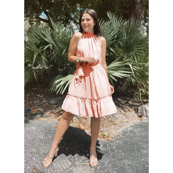 imageBTFBM Women 2023 Summer Halter Neck Dresses Sleeveless Casual Floral Polka Dot Leopard Print Short Boho Ruffle SundressSolid Pink