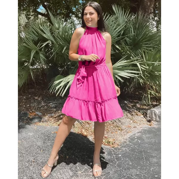 imageBTFBM Women 2023 Summer Halter Neck Dresses Sleeveless Casual Floral Polka Dot Leopard Print Short Boho Ruffle SundressSolid Rose Pink
