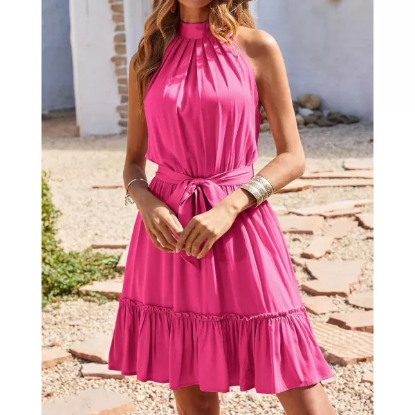 imageBTFBM Women 2023 Summer Halter Neck Dresses Sleeveless Casual Floral Polka Dot Leopard Print Short Boho Ruffle SundressSolid Rose Red