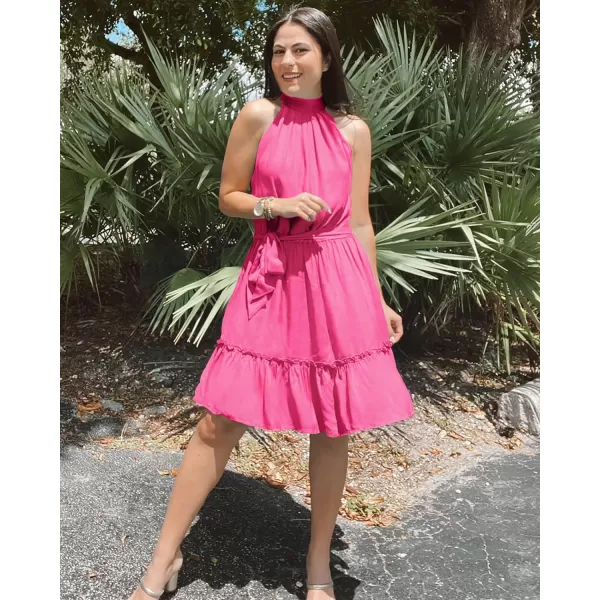 imageBTFBM Women 2023 Summer Halter Neck Dresses Sleeveless Casual Floral Polka Dot Leopard Print Short Boho Ruffle SundressSolid Rose Red
