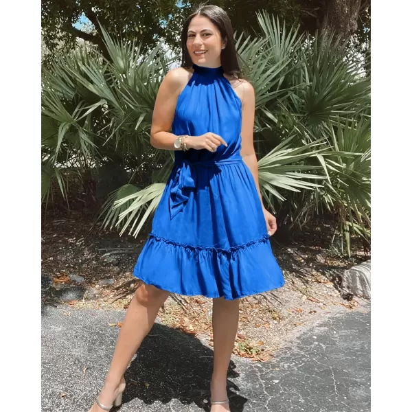 imageBTFBM Women 2023 Summer Halter Neck Dresses Sleeveless Casual Floral Polka Dot Leopard Print Short Boho Ruffle SundressSolid Royal Blue