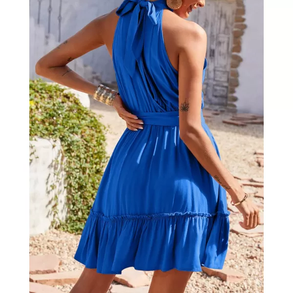 imageBTFBM Women 2023 Summer Halter Neck Dresses Sleeveless Casual Floral Polka Dot Leopard Print Short Boho Ruffle SundressSolid Royal Blue