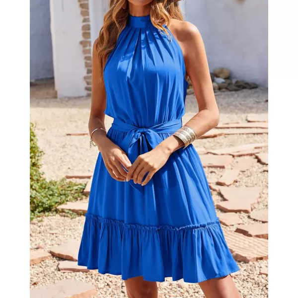 imageBTFBM Women 2023 Summer Halter Neck Dresses Sleeveless Casual Floral Polka Dot Leopard Print Short Boho Ruffle SundressSolid Royal Blue