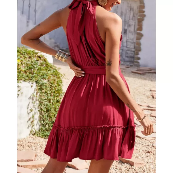imageBTFBM Women 2023 Summer Halter Neck Dresses Sleeveless Casual Floral Polka Dot Leopard Print Short Boho Ruffle SundressSolid Wine Red