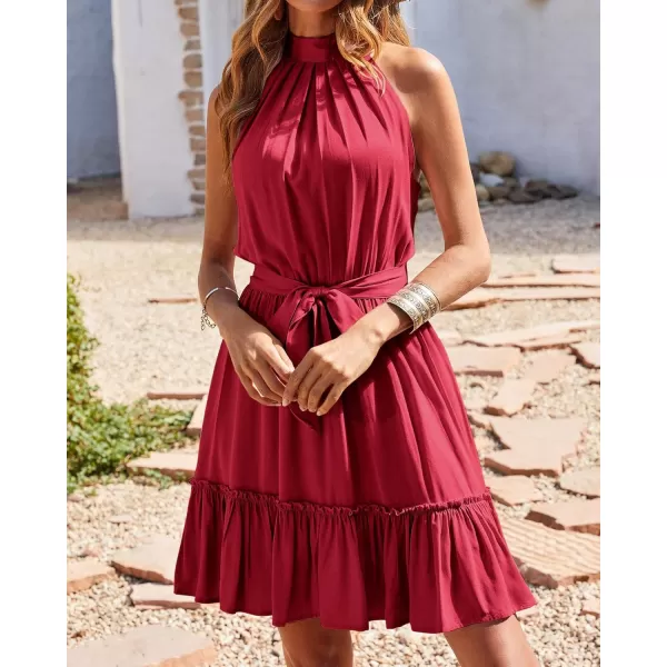 imageBTFBM Women 2023 Summer Halter Neck Dresses Sleeveless Casual Floral Polka Dot Leopard Print Short Boho Ruffle SundressSolid Wine Red