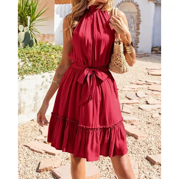 imageBTFBM Women 2023 Summer Halter Neck Dresses Sleeveless Casual Floral Polka Dot Leopard Print Short Boho Ruffle SundressSolid Wine Red