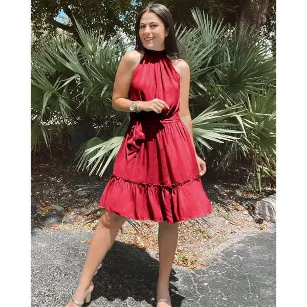 imageBTFBM Women 2023 Summer Halter Neck Dresses Sleeveless Casual Floral Polka Dot Leopard Print Short Boho Ruffle SundressSolid Wine Red