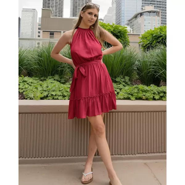 imageBTFBM Women 2023 Summer Halter Neck Dresses Sleeveless Casual Floral Polka Dot Leopard Print Short Boho Ruffle SundressSolid Wine Red