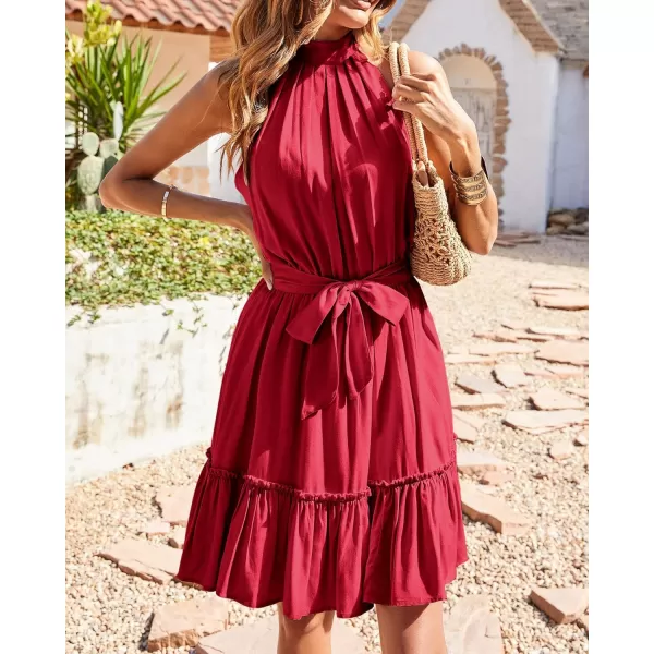 imageBTFBM Women 2023 Summer Halter Neck Dresses Sleeveless Casual Floral Polka Dot Leopard Print Short Boho Ruffle SundressSolid Wine Red