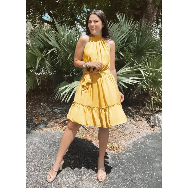 imageBTFBM Women 2023 Summer Halter Neck Dresses Sleeveless Casual Floral Polka Dot Leopard Print Short Boho Ruffle SundressSolid Yellow