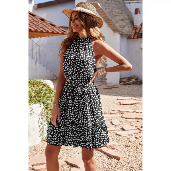 imageBTFBM Women 2023 Summer Halter Neck Dresses Sleeveless Casual Floral Polka Dot Leopard Print Short Boho Ruffle SundressWhite Dot Black
