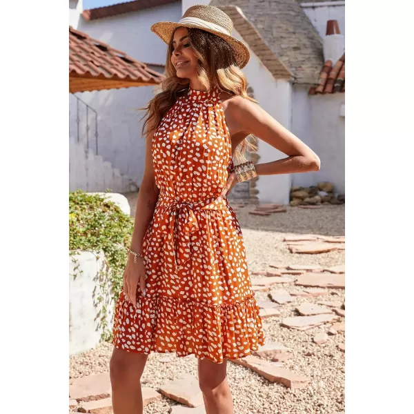 imageBTFBM Women 2023 Summer Halter Neck Dresses Sleeveless Casual Floral Polka Dot Leopard Print Short Boho Ruffle SundressWhite Dot Red