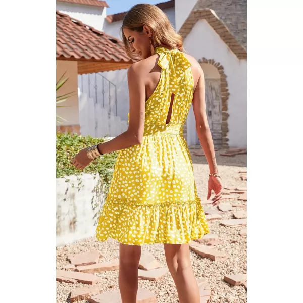imageBTFBM Women 2023 Summer Halter Neck Dresses Sleeveless Casual Floral Polka Dot Leopard Print Short Boho Ruffle SundressWhite Dot Yellow