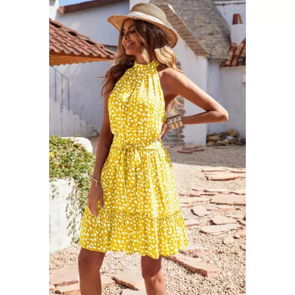 imageBTFBM Women 2023 Summer Halter Neck Dresses Sleeveless Casual Floral Polka Dot Leopard Print Short Boho Ruffle SundressWhite Dot Yellow